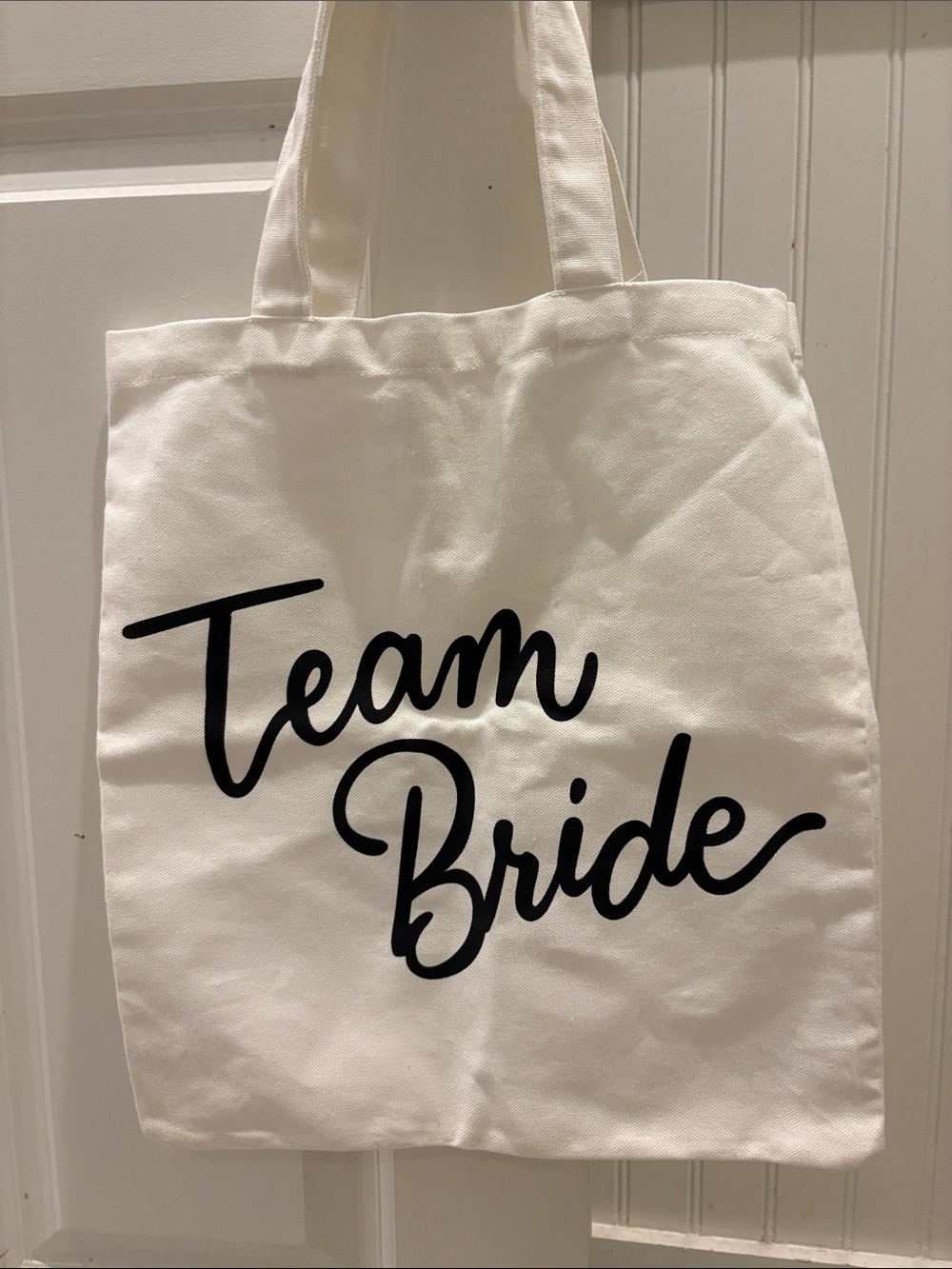 Team Bride Canvas Tote Bag in White with Black Script